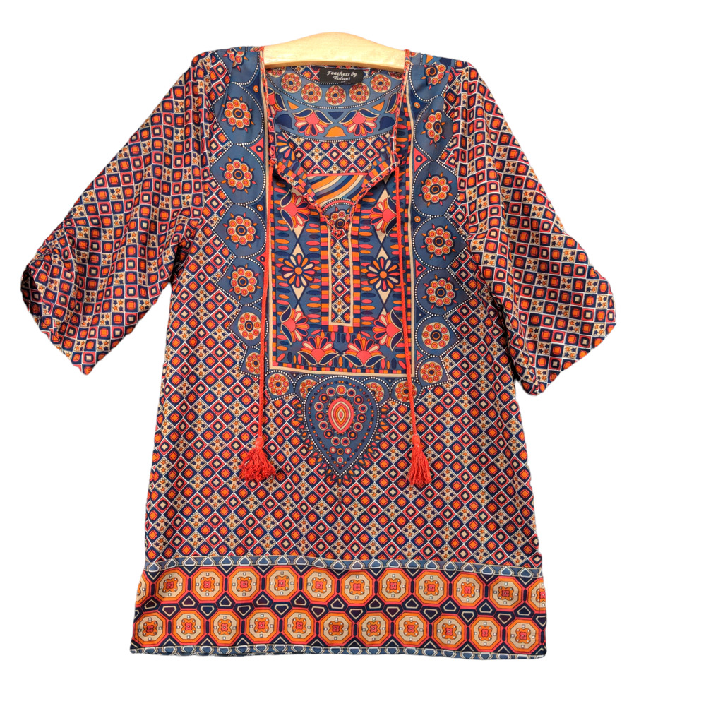 Feathers by Tolani Womens Tunic Top Multi XS 3/4 Sleeve Tassel Tie Neck Boho